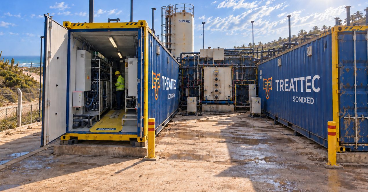 Interior de um contêiner SONIXED com painéis e um operador em campo